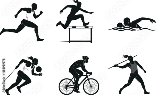 Silhouette athletes in action, running, jumping, swimming, cycling, javelin, and pole vault, sport vector illustration