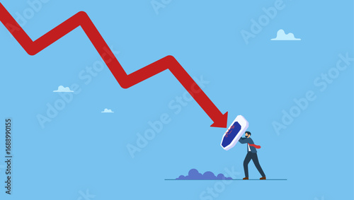 Businessman investor holding shield to protect from red arrow. Fight with inflation or economic recession, protect wealth from crisis or bear market loss, insurance or safety for interest rate hike.