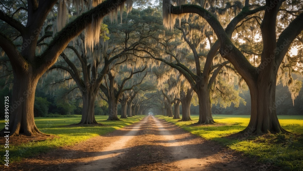 Obraz premium A pathway through a grove of large trees with sprawling branches and moss hanging, illuminated by warm sunlight. Nature and forest scene, peaceful environment, scenic landscape.