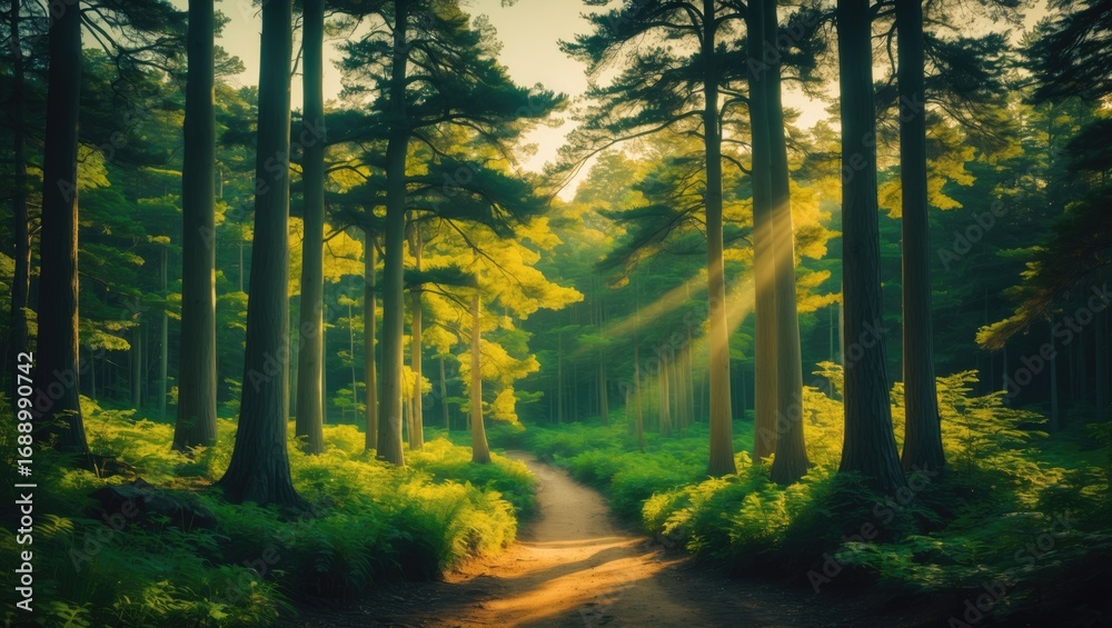 Obraz premium Woodland forest scene with sunlight streaming through trees and a winding path. Nature and outdoor scenery. Tranquility and serenity of the forest environment.