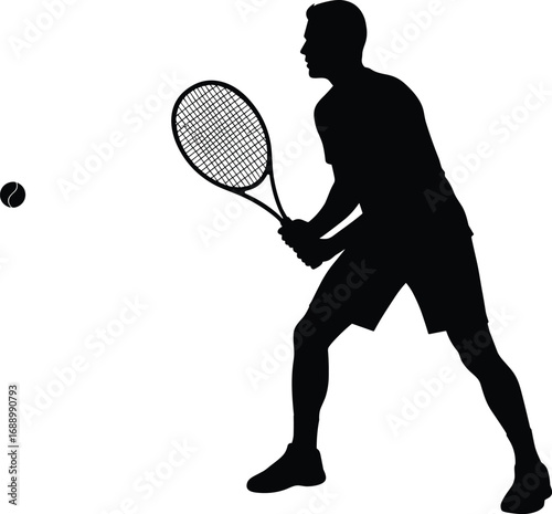 Tennis player silhouette icon with racket and ball, representing sports, athleticism, tennis match, outdoor activity, and competition.