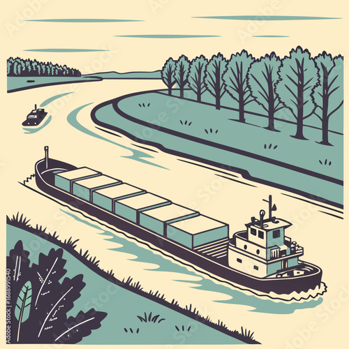 Barge on a River with Trees