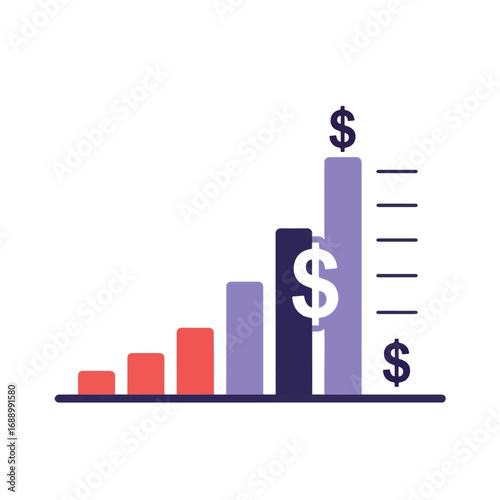 A colorful bar chart illustrating financial growth and increasing profits over time with dollar signs, representing business success and economic progress.