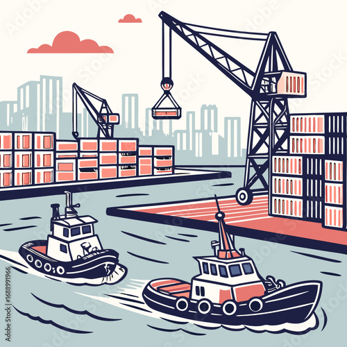 Cargo Port Cityscape with Tugboats and Cranes