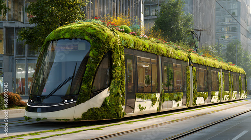 futuristic tram with plants and moss growing on the roof in eco city