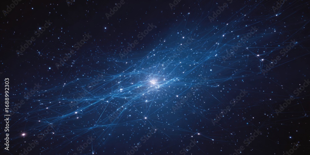 Fototapeta premium A mesmerizing display of interconnected luminous lines and shimmering particles against a deep blue cosmic backdrop, emanating from a central radiant point.