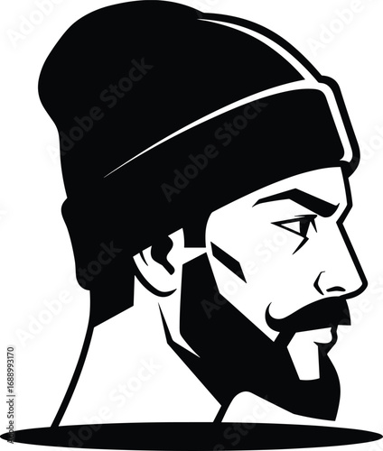 Vector illustration of a bearded man in profile wearing a beanie hat, strong masculine face logo or avatar design.