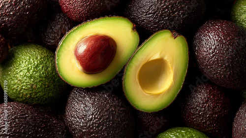 an overhead top-view angle of a massive pile of ripe avocados, appearing small due to the high perspective
