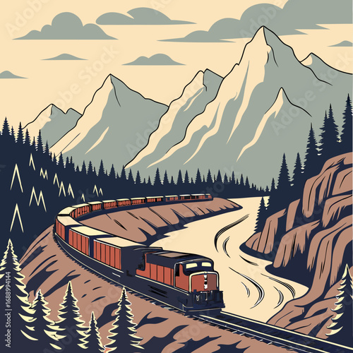 Freight Train Winding Through Mountain Valley
