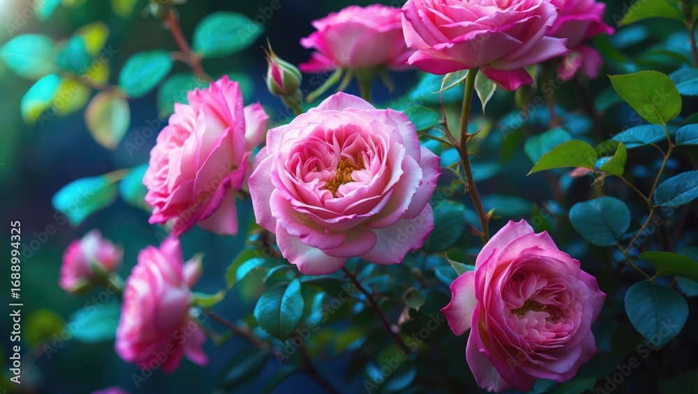 Fototapeta premium Pink roses in full bloom with lush green leaves. Beautiful garden scene featuring vibrant flowers and foliage.