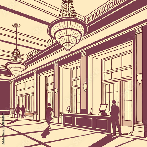Grand Hotel Lobby Reception Area Illustration