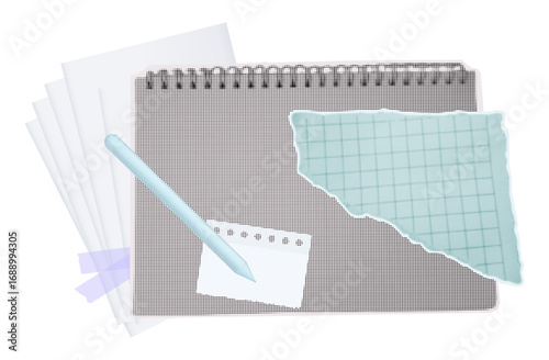 Notebook with blank page and ballpoint pen. Learning, knowledge, writing down new ideas. Blank sheet in notebook, school exam, torn paper piece of bookmark. Contemporary collage, halftone vector.