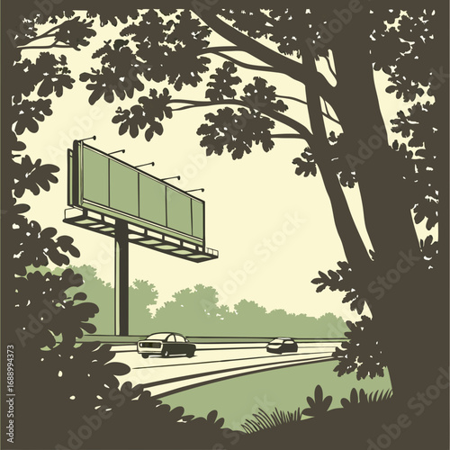 Green Billboard Beside a Highway Framed by Trees