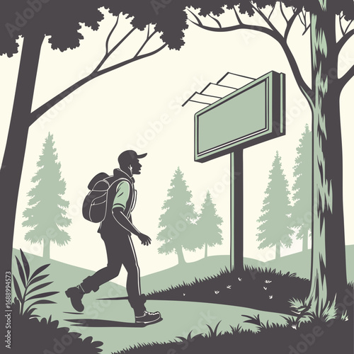 Hiker Walking Towards Blank Billboard in Green Forest