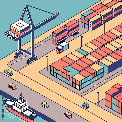 Isometric Illustration of a Busy Cargo Port with Shipping Containers and Vehicles