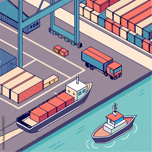 Isometric Illustration of Cargo Ship at Port with Trucks and Tugboat
