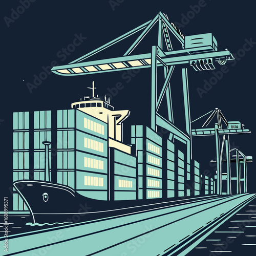 Night Cargo Ship at Port with Cranes