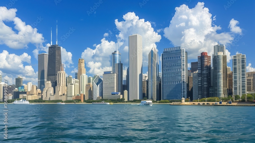 Obraz premium Stunning Chicago Skyline Over Lake with Beautiful Blue Sky and Clouds