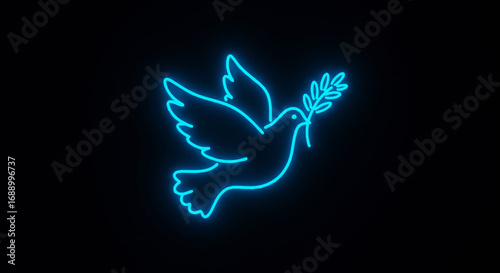 Glowing Blue Neon Dove with Olive Branch Symbol.
