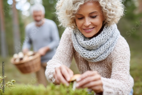 Smiling woman picking mushrooms in a forest while a man with a basket full of mushrooms stands in the background. Both wear cozy sweaters, enjoying a calm autumn day outdoors