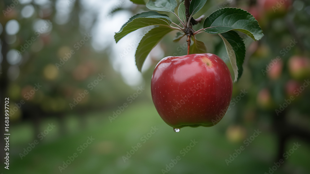 Obraz premium A single, ripe red apple hangs from a branch in an orchard.