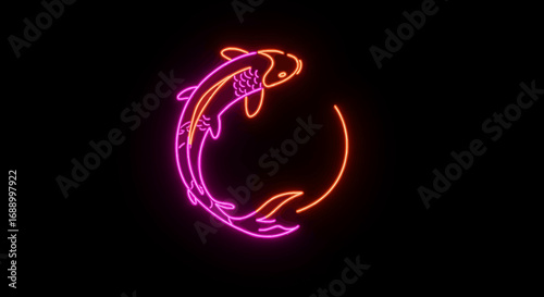 Neon Koi Fish Illustration on Black Background.