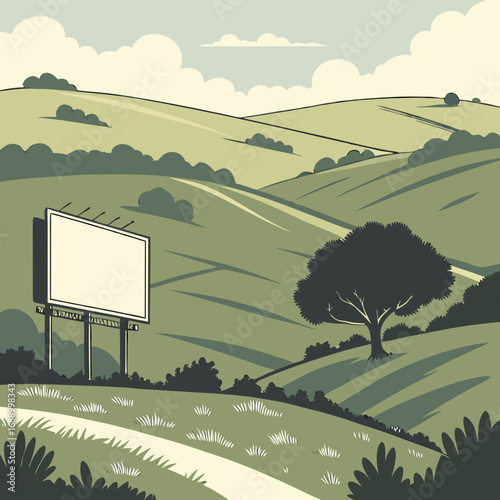 Serene Green Hillside Landscape with Blank Billboard