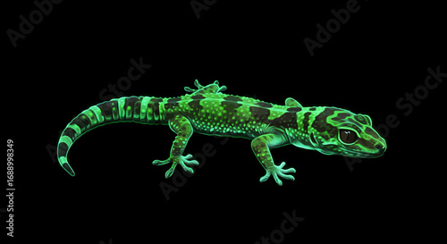 Green and Black Gecko with Striped Tail on Black Background.