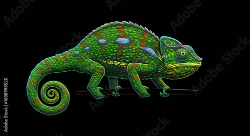 Colorful Chameleon Illustration on a Branch Against Black Background.
