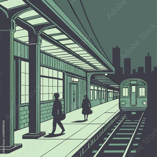 Subway Station at Night: Two Figures Await Train Arrival