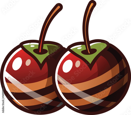 Two stylized cherries with stems, a delightful and vibrant treat for any design project.