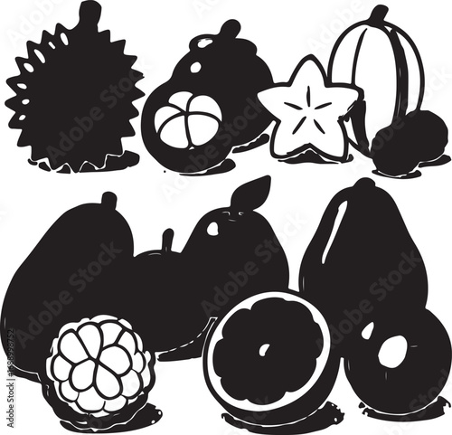 Exotic Fruit Assortment Icons durian mangosteen