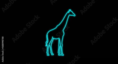 Glowing Neon Giraffe Silhouette on Black Background.