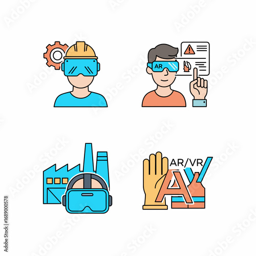 Modern Industry and Technology Icons: AR, VR, Factory, and Safety Gear Concepts