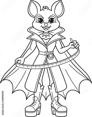 Cartoon Mouse Tailor Measuring with Tape Measure and Wearing Cape Outline Vector Art