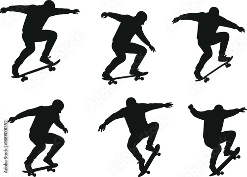 Silhouettes of Skateboarders Performing Ollie Tricks, Jumping and Balancing on Skateboards, Isolated Vector Illustration for Extreme Urban Sports Design