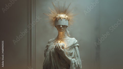 A photorealistic fantasy artwork of a statue-like oracle carved from marble, with glowing cracks revealing a mystical human essence.