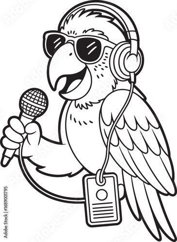 Cartoon Parrot Singer with Microphone and Headphones, Isolated Vector Illustration on Transparent