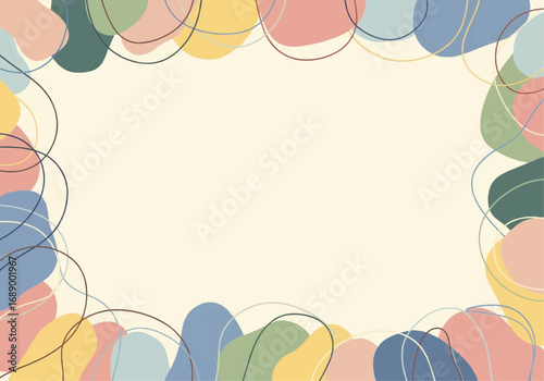 Abstract organic shapes and flowing lines creating a colorful border on a light background.