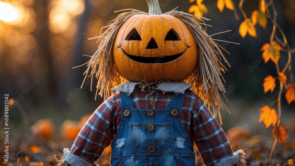 Naklejka premium A scarecrow with a carved pumpkin head, wearing denim overalls and a plaid shirt, set against a fall-colored outdoor background.