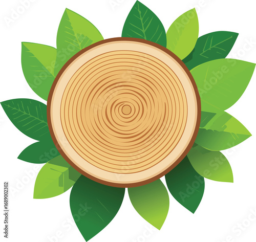 Cross-section of a tree trunk with green leaves. Wood slice vector icon showing growth rings. Symbol for nature and ecology. Generative AI