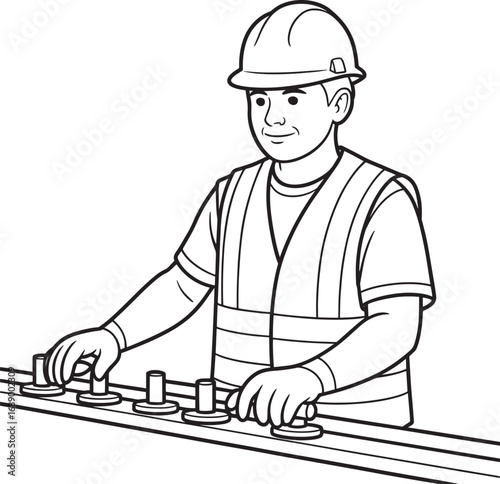 Construction Worker Outline Vector Illustration with Hard Hat and Safety Vest on Job
