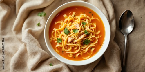 White ceramic bowl of chicken noodle soup on rustic linen, top-down view, soft light food photography