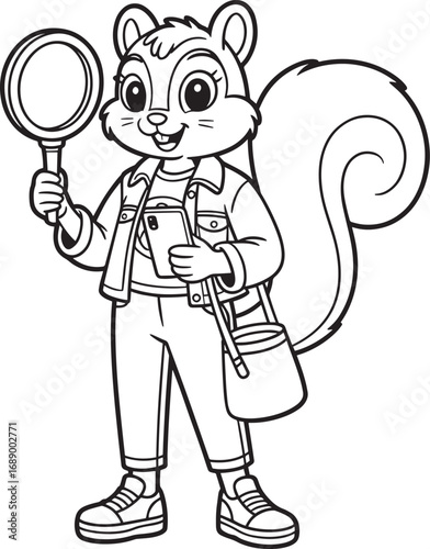 Detective Squirrel with Magnifying Glass and Bag Outline Vector Illustration Design