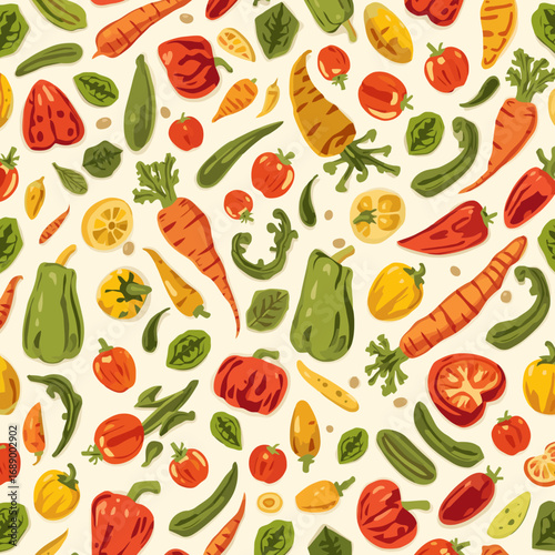 Colorful seamless vector pattern featuring a variety of fresh vegetables such as carrots, bell peppers, tomatoes, cucumbers, and leafy greens