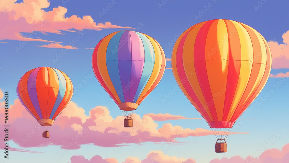 Fototapeta premium Three colorful hot air balloons floating in a pastel sky with clouds airship flight