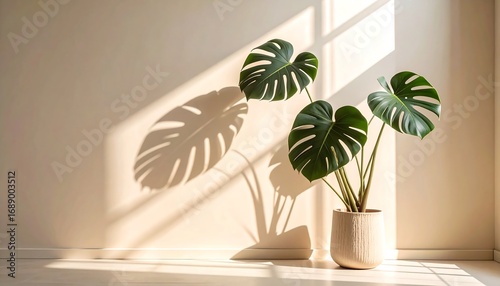 Monstera Plant with Sunlight Casting Leaf Shadow on Wall