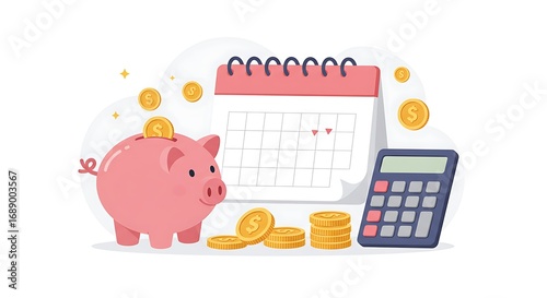 Vector illustration for financial planning, monthly budgeting, and saving money. Piggy bank, calendar, and calculator for managing personal finance