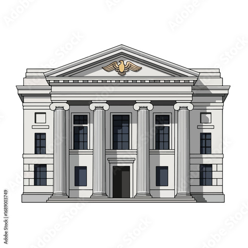 A detailed illustration of a grand neoclassical building with columns and a pediment.