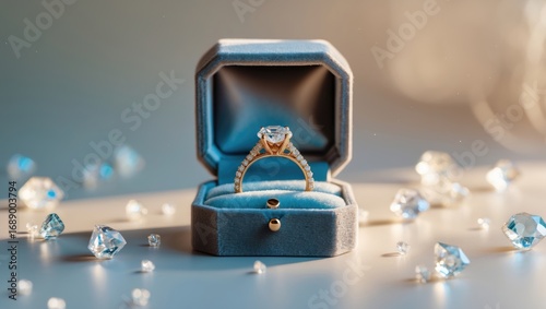 A jewelry ring in an open ring box surrounded by scattered gemstones.